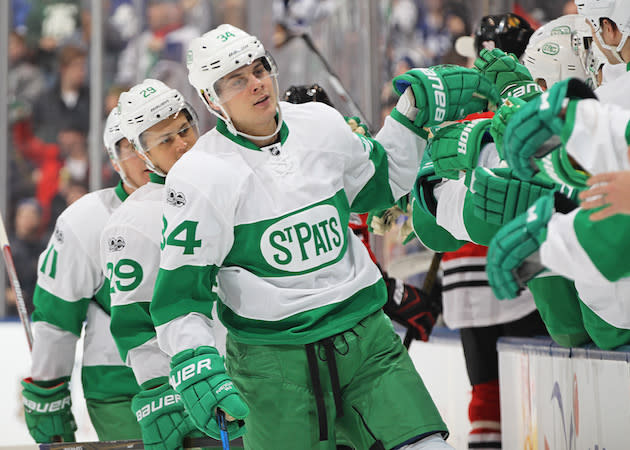 TORONTO, ON – MARCH 18: Auston Matthews #34 of the Toronto Maple Leafs celebrates a goal against the Chicago Blackhawks during an NHL game at the Air Canada Centre on March 18, 2017 in Toronto, Ontario, Canada. The Blackhawks defeated the Maple Leafs 2-1 in overtime. (Photo by Claus Andersen/Getty Images)