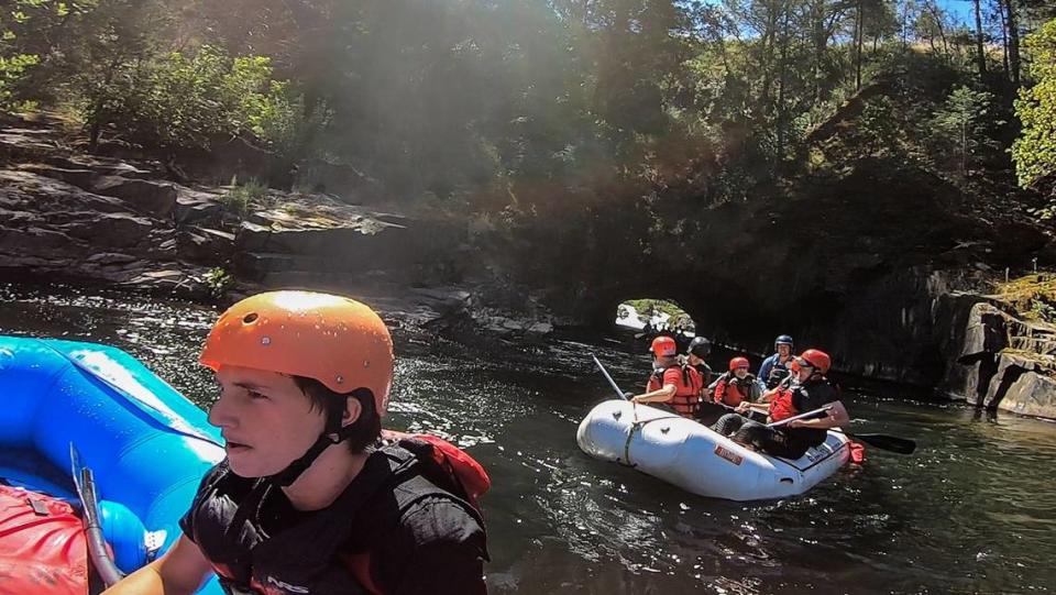 A group with Sierra Whitewater rafters exits the man-made Tunnel Chute in May.