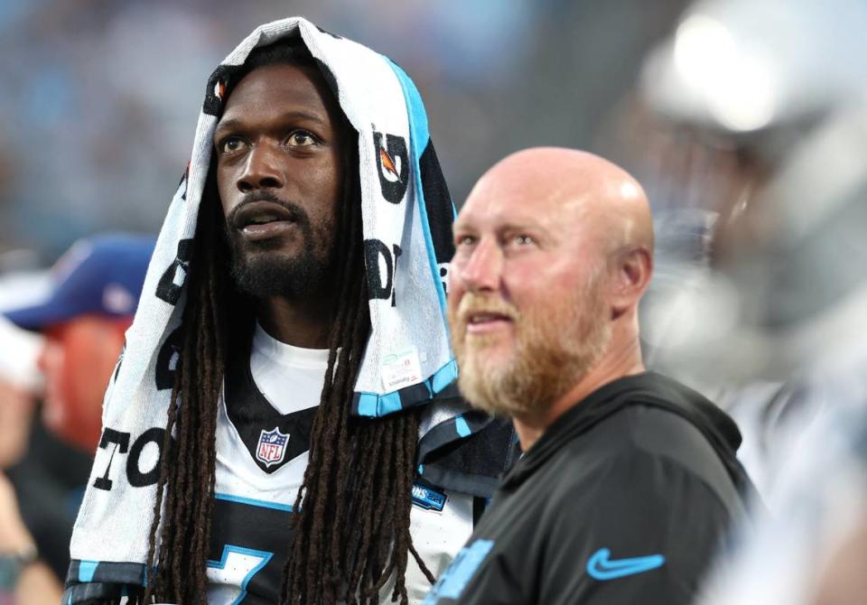 Carolina Panthers linebacker Jadeveon Clowney stands along the team’s sideline during second quarter action against the New York Jets at Bank of America Stadium in Charlotte, NC on Saturday, August 17, 2024.