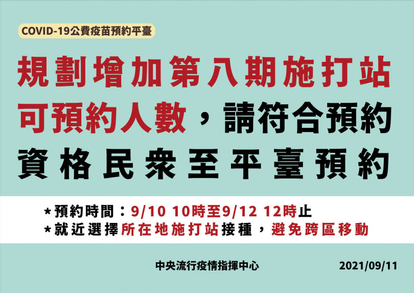 指揮中心規劃增加第八期施打站預約人數。（圖／指揮中心提供）