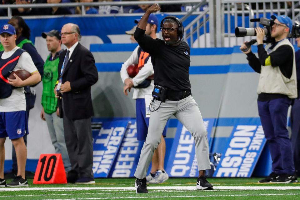 Detroit Lions defensive coordinator Aaron Glenn reacts to a play against Green Bay Packers during the first half at Ford Field.