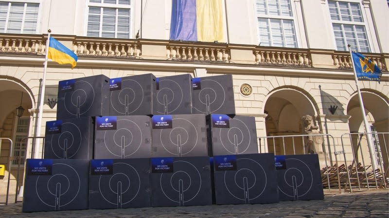 There are a lot of boxes with equipment for satellite Internet starlink, from Elon Musk's company Spacex, near the Ukrainian administrative building.