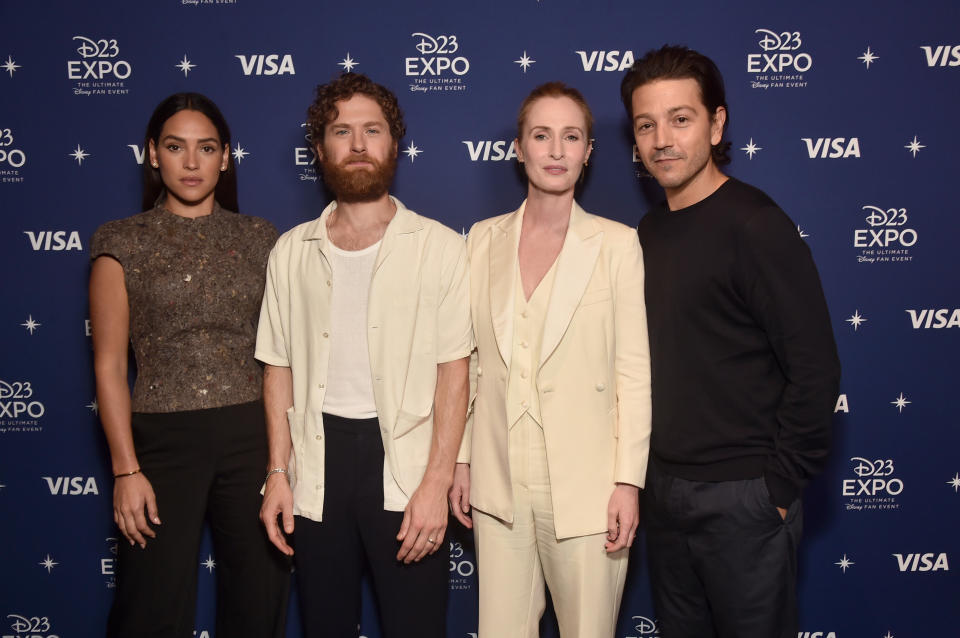 ANAHEIM, CALIFORNIA - SEPTEMBER 10: (L-R) Adria Arjona, Kyle Soller, Genevieve O'Reilly, and Diego Luna attend D23 Expo 2022 at Anaheim Convention Center in Anaheim, California on September 10, 2022. (Photo by Alberto E. Rodriguez/Getty Images for Disney)