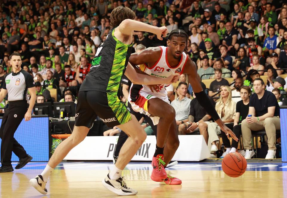 Perth Wildcats' Alexandre Sarr drives and handles the ball during an NBL match on Jan. 27, 2024, in Melbourne, Australia.