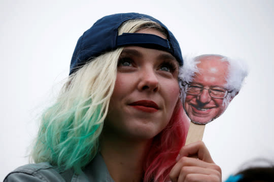 Shawnee Badger, 22, listens Sanders speak at a rally in Santa Barbara, Calif., on Saturday. (Photo: Lucy Nicholson/Reuters)