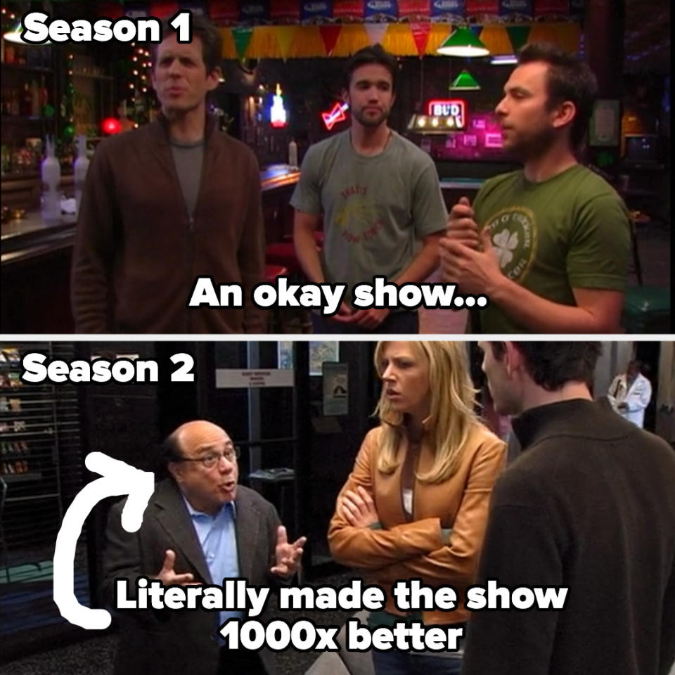 Season 1 labeled "an okay show..." and Danny DeVito in season 2 labeled "literally made the show 1000x better"