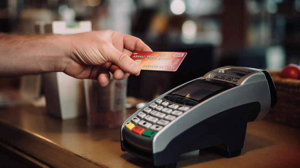 A technician inserting a credit card into a point-of-sale machine for identity authentication.