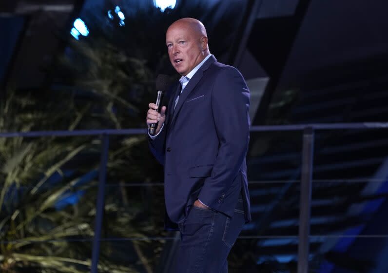 Disney CEO Bob Chapek speaks at the Avengers Campus dedication ceremony at Disney's California Adventure Park on Wednesday, June 2, 2021, in Anaheim, Calif. (AP Photo/Chris Pizzello)