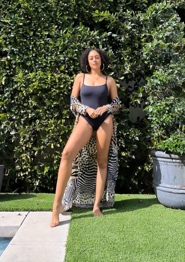 Tia Mowry Shows Off Her Toned Figure in Sleek Black Swimsuit