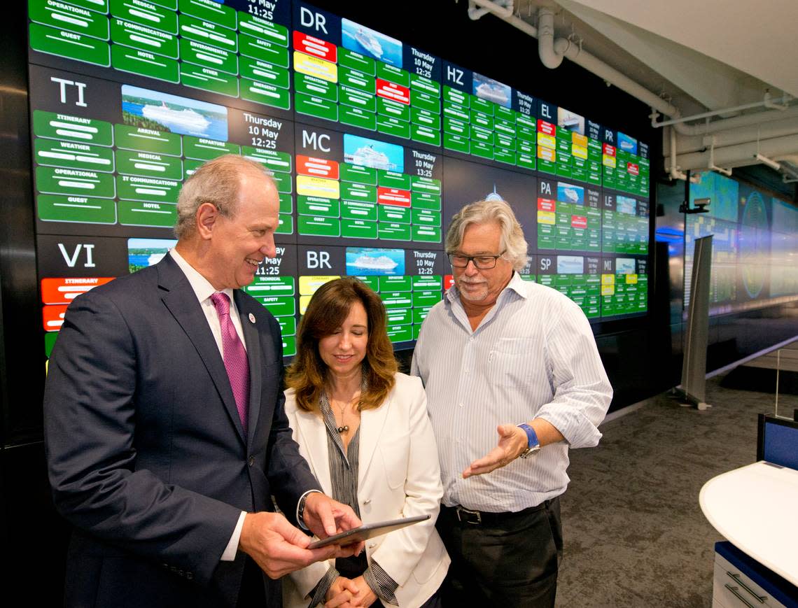 William Burke, chief maritime officer for Carnival Corp.; Christine Duffy, Carnival Cruise Line president; and Micky Arison, Carnival Corp. chairman, at Carnival’s fleet operations center at the company’s Miami headquarters.