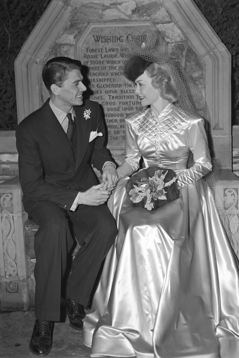 <p> At the time of their 1940 nuptials, Ronald Reagan and Jane Wyman were merely Hollywood actors. The bride wore a silk wedding gown with a high neck and accessorized with a fur hat. It wasn&apos;t until after their 1948 divorce that Reagan moved on to his political career and married Nancy Reagan. </p>