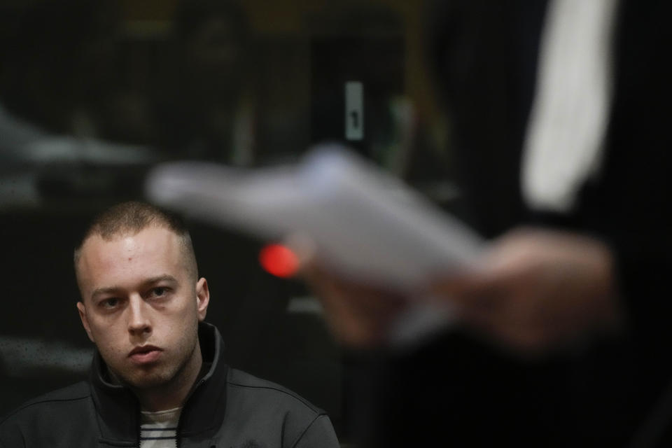 Finnegan Lee Elder attends the appeal trial for the killing of Italian policeman Mario Cerciello Rega, in Rome, Friday, March. 8, 2024. The two American men face a new trial in the slaying of an Italian plainclothes police officer during a botched sting operation after Italy's highest court threw out their convictions. (AP Photo/Gregorio Borgia)