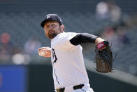 Detroit Tigers pitcher Casey Mize throws during the second inning of a baseball game against the Texas Rangers, Tuesday, April 16, 2024, in Detroit. (AP Photo/Carlos Osorio)