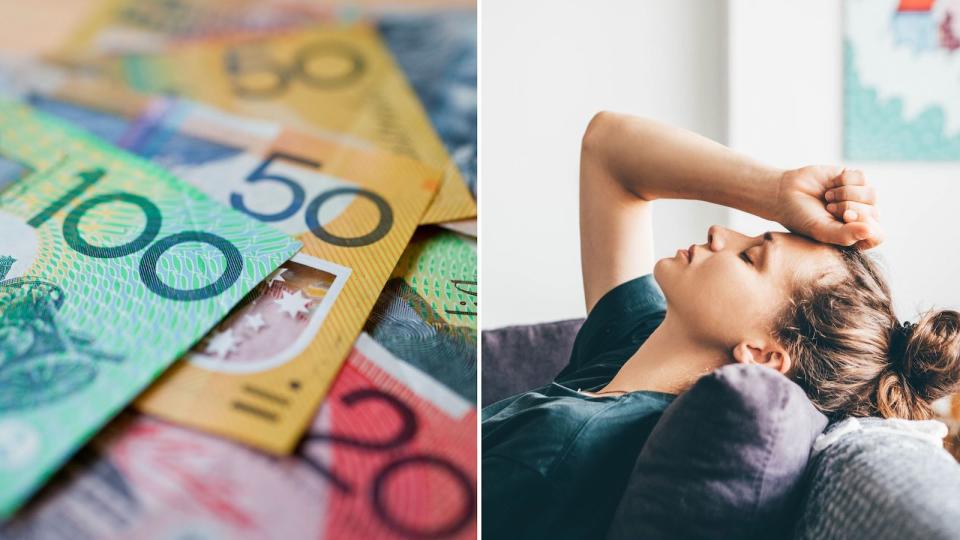 Compilation image of a pile of money and a stressed woman with her head back on the sofa to represent financial overwhelm