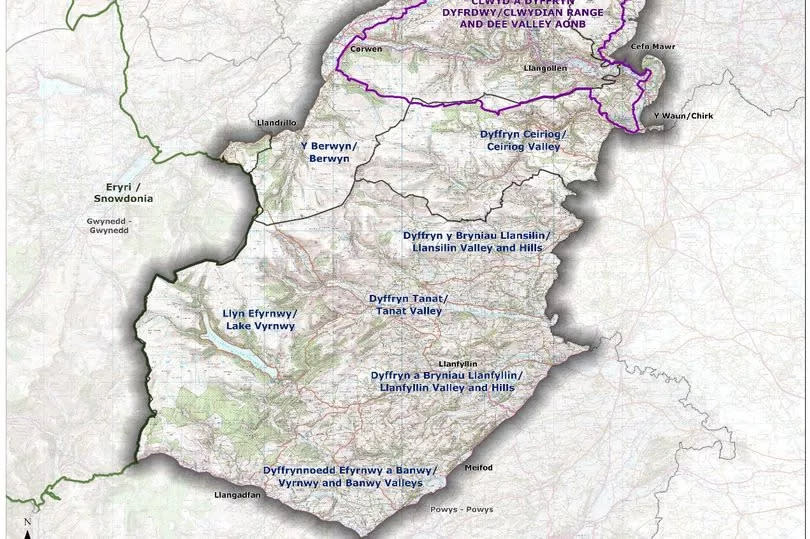Initial 'Area of Search' for the proposed North East Wales National Park. Some areas may be withdrawn as plans are refined, and a few could be added. The purple-bounded area shows the existing AONB, while the boundary of Eryri is marked in green
