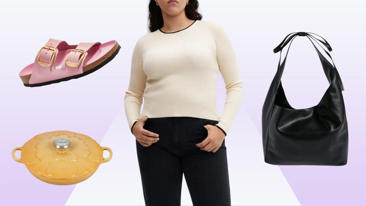 Model wearing white sweater, pink birkenstock sandals, yellow le creuset and black tote bag. 