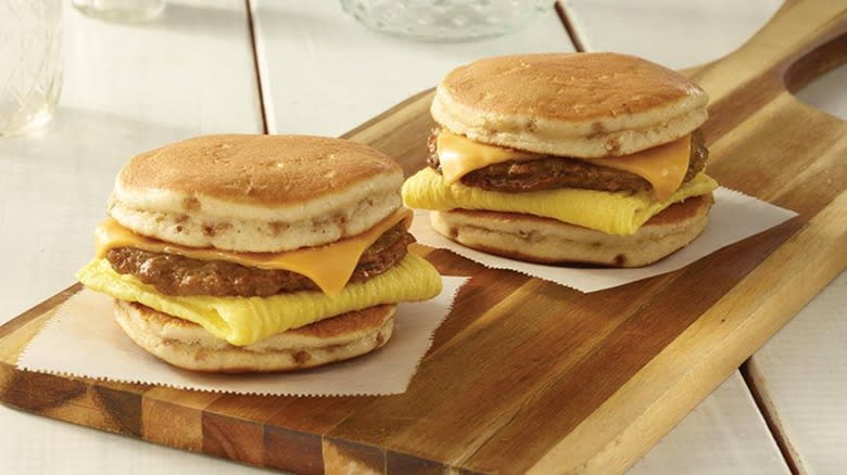 maple griddle cakes on wooden board