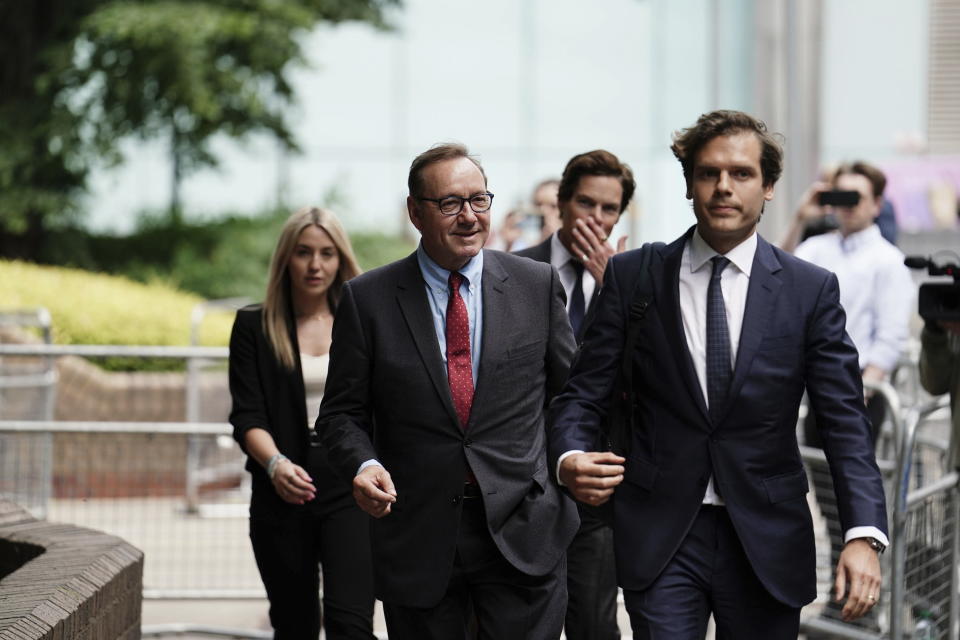 Actor Kevin Spacey leaves Southwark Crown Court, London, where he is charged with three counts of indecent assault, seven counts of sexual assault, one count of causing a person to engage in sexual activity without consent and one count of causing a person to engage in penetrative sexual activity without consent between 2001 and 2005, Monday July 3, 2023. (Jordan Pettitt/PA via AP)