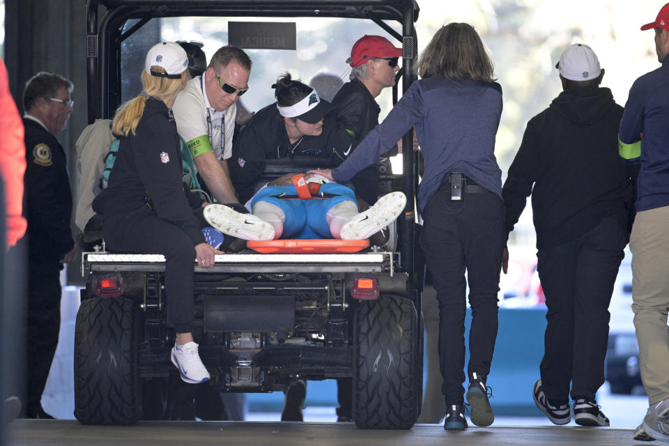 Carolina Panthers linebacker Marquis Haynes Sr. is taken off the field after getting hurt during the second half of an NFL football game against the Jacksonville Jaguars Sunday, Dec. 31, 2023, in Jacksonville, Fla. (AP Photo/Phelan M. Ebenhack)