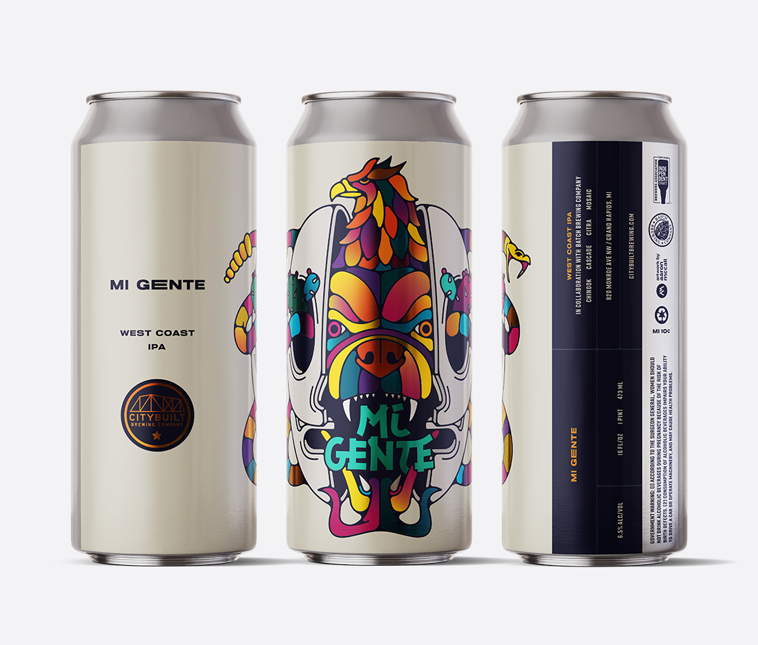 The can design of Mi Gente, a West Coast-style IPA to honor and celebrate the contributions of Latino and Hispanic brewers.