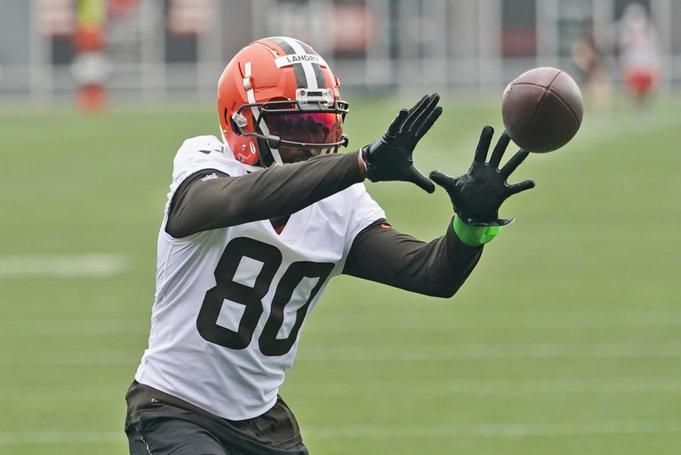 Cleveland Browns wide receiver Jarvis Landry catches a pass during an NFL football practice, Thursday, July 29, 2021, in Berea, Ohio. (AP Photo/Tony Dejak)