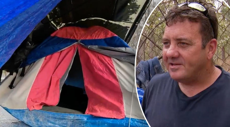 Man unable to rent inset next to the tent he has been living in.
