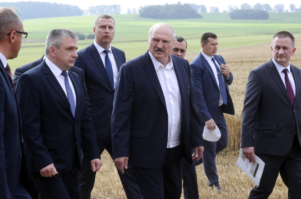 Belarus President Alexander Lukashenko, center, surrounded by officials, walks on the field as he visits the Novaya Zhizn (New Life) agricultural enterprise in the Nesvizh district, Belarus, Monday, July 27, 2020. The presidential election in Belarus is scheduled for Aug. 9, 2020. (Nikolai Petrov/BelTA Pool Photo via AP)