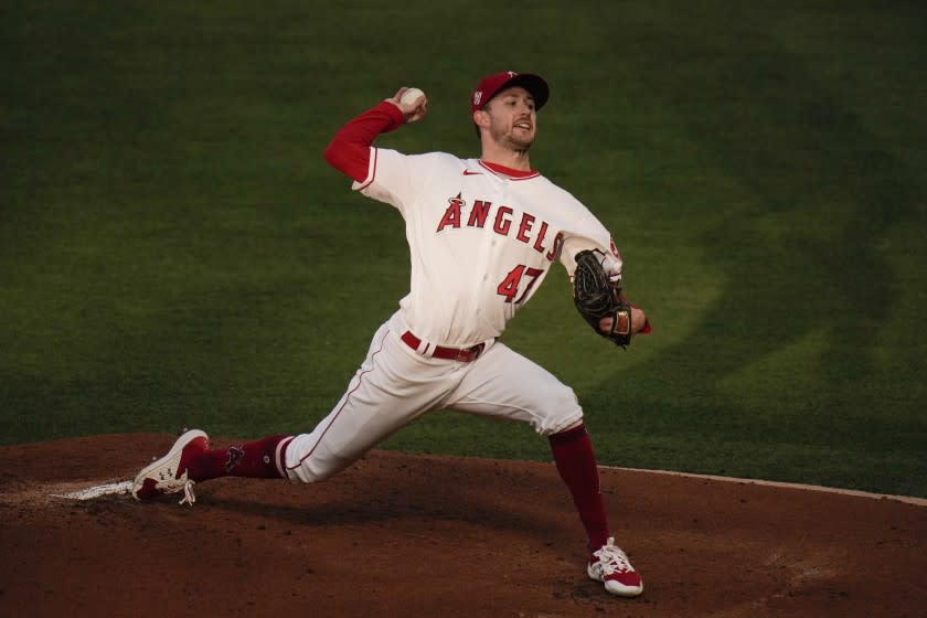 Los Angeles Angels starting pitcher Griffin Canning throws against the Los Angeles Dodgers during the first inning of a baseball game, Friday, May 7, 2021, in Anaheim, Calif. (AP Photo/Jae C. Hong)