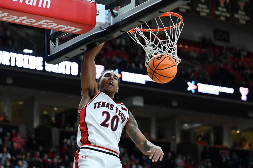 Texas Tech guard Jaylon Tyson (20) goes to the basket against Louisiana Tech during the first half of an NCAA college basketball game, Monday, Nov. 14, 2022, in Lubbock, Texas. (AP Photo/Justin Rex) ORG XMIT: TXJR103