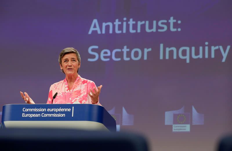 EU Commissioner for Competition Margrethe Vestager holds a news conference at the European Commission in Brussels