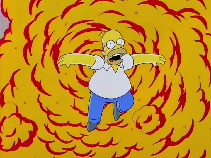 Homer jumping in front of an explosion in "The Simpsons."