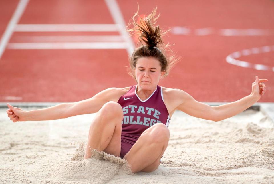 State College’s Shannon Mullin competes in the triple jump during the District 6 3A track and field championships on Thursday, May 19, 2022 at Mansion Park.