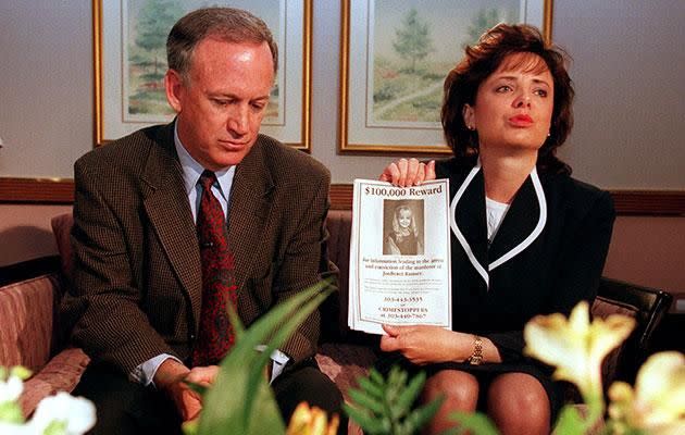 Her parents Patsy and John Ramsey, calling for information about her killer in 1997. Photo: Getty