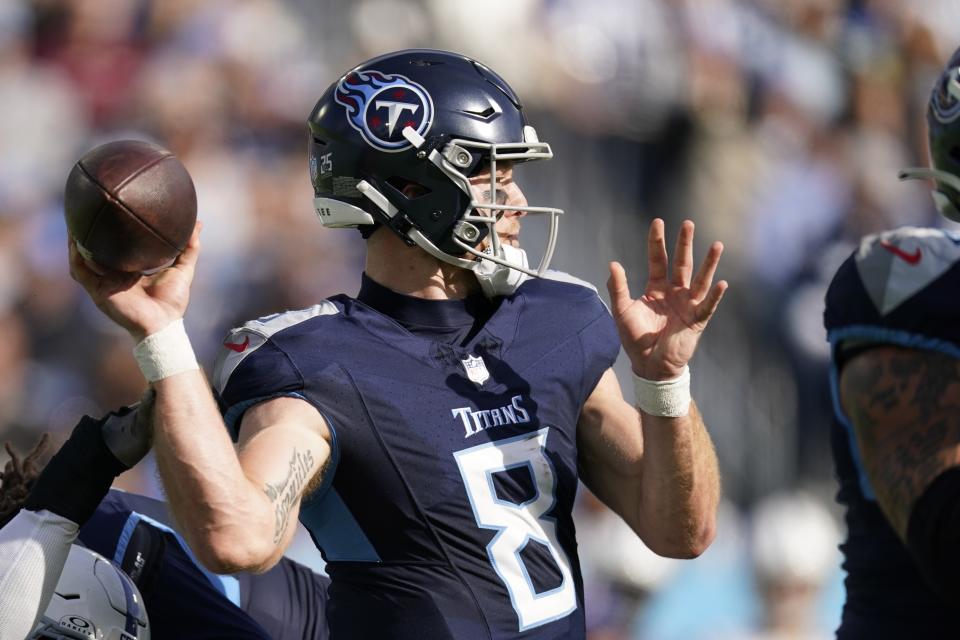 Tennessee Titans quarterback Will Levis throws during the first half of an NFL football game against the Indianapolis Colts, Sunday, Dec. 3, 2023, in Nashville, Tenn. (AP Photo/George Walker IV)