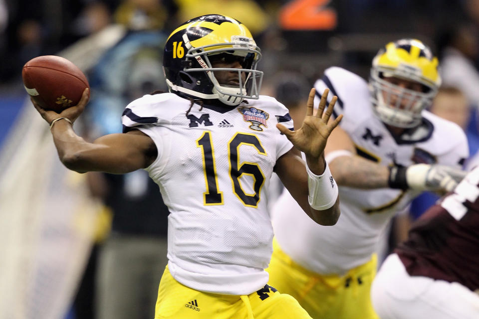 Denard Robinson #16 of the Michigan Wolverines throws a pass against the Virginia Tech Hokies during the Allstate Sugar Bowl at Mercedes-Benz Superdome on January 3, 2012 in New Orleans, Louisiana. (Photo by Matthew Stockman/Getty Images)