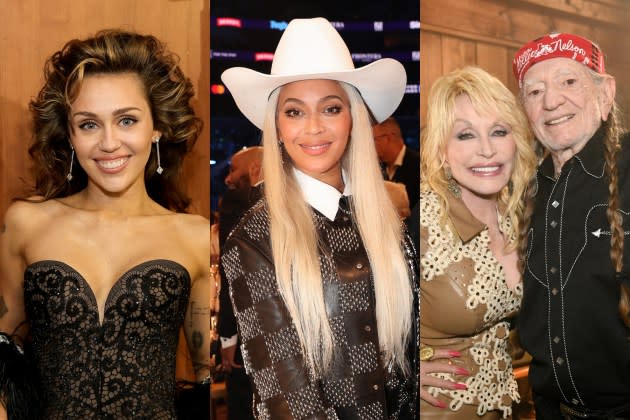 Miley Cyrus; Beyoncé; Dolly Parton and Willie Nelson - Credit: Neilson Barnard/Getty Images for The Recording Academy;  Johnny Nunez/Getty Images for The Recording Academy; Katherine Bomboy/NBC via Getty Images