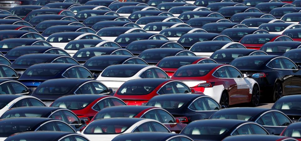 Newly manufactured Tesla electric cars are pictured in a storage area at The Western Docks in Southampton on April 20, 2020, as life in Britain continues during the nationwide lockdown to combat the novel coronavirus pandemic. - US oil prices dived to 21-year lows Monday, giving up more than 30 percent in a market flooded with crude and hit by evaporating demand in the face of the coronavirus pandemic. (Photo by ADRIAN DENNIS / AFP) (Photo by ADRIAN DENNIS/AFP via Getty Images)