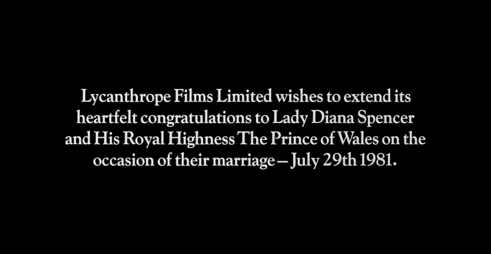 american werewolf end credit page congratulating Prince CHarles and Lady Diana on their wedding