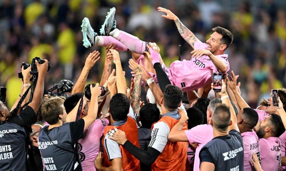Teammates hold up Inter Miami’s Lionel Messi as they celebrate after winning the Leagues Cup final against Nashville SC.