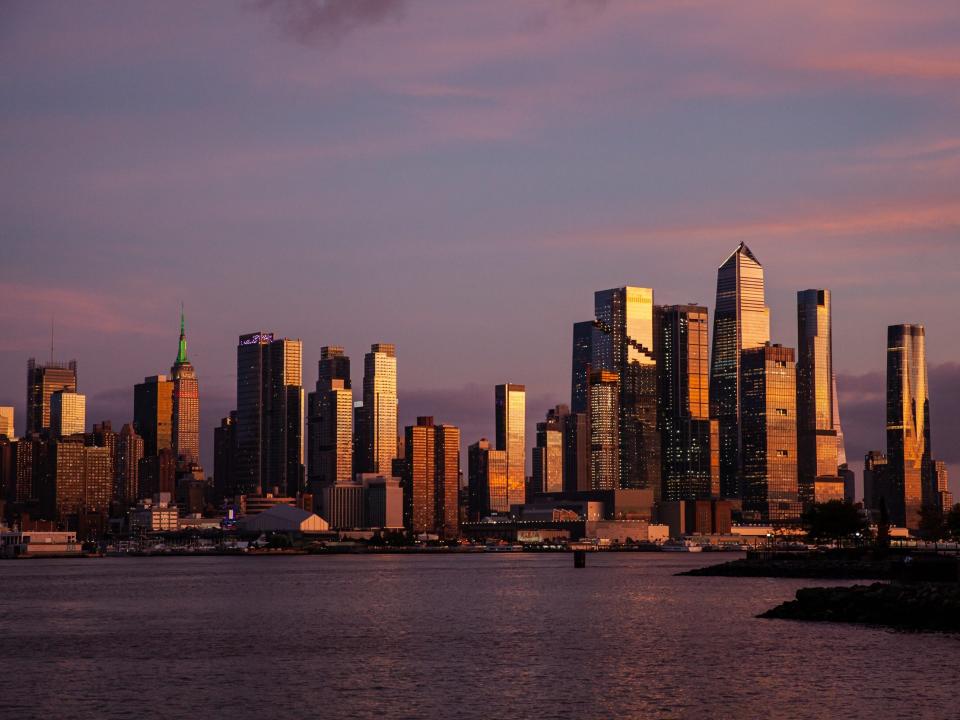 The New York City skyline at sunset