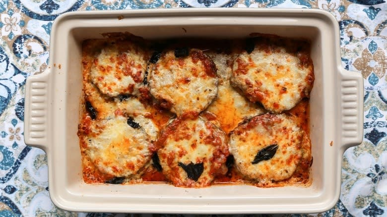 eggplant parmesan in baking dish