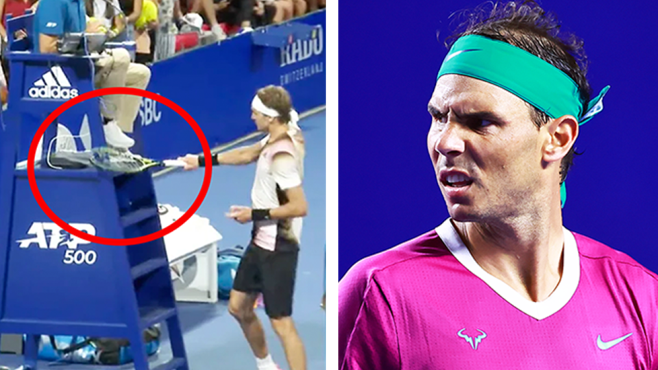 Rafa Nadal (pictured right) looking confused during a match and (pictured left) Alexander Zverev&#39; hitting the chair umpire tower.
