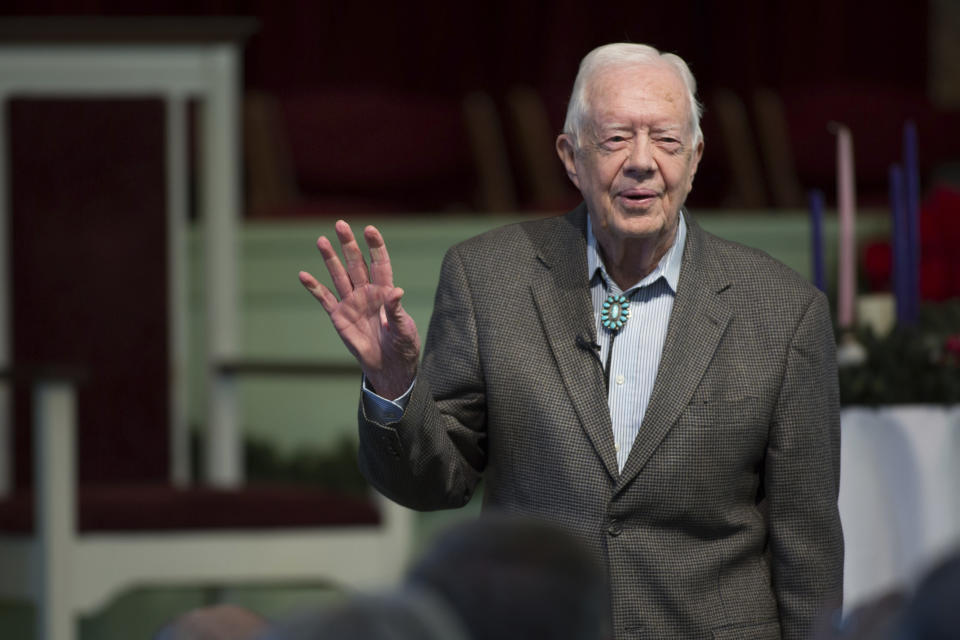 FILE - Former President Jimmy Carter teaches during Sunday School class at Maranatha Baptist Church in his hometown, Sunday, Dec. 13, 2015, in Plains, Ga. The Carter Center says Carter has entered home hospice care, Saturday, Feb. 18, 2023. The foundation created by the 98-year-old former president says that after a series of short hospital stays, Carter “decided to spend his remaining time at home with his family and receive hospice care instead of additional medical intervention." (AP Photo/Branden Camp)