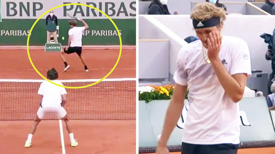 Alexander Zverev (pictured right) frustrated after losing a point where he attempted a 'ridiculous' tweener (pictured left) at the French Open.