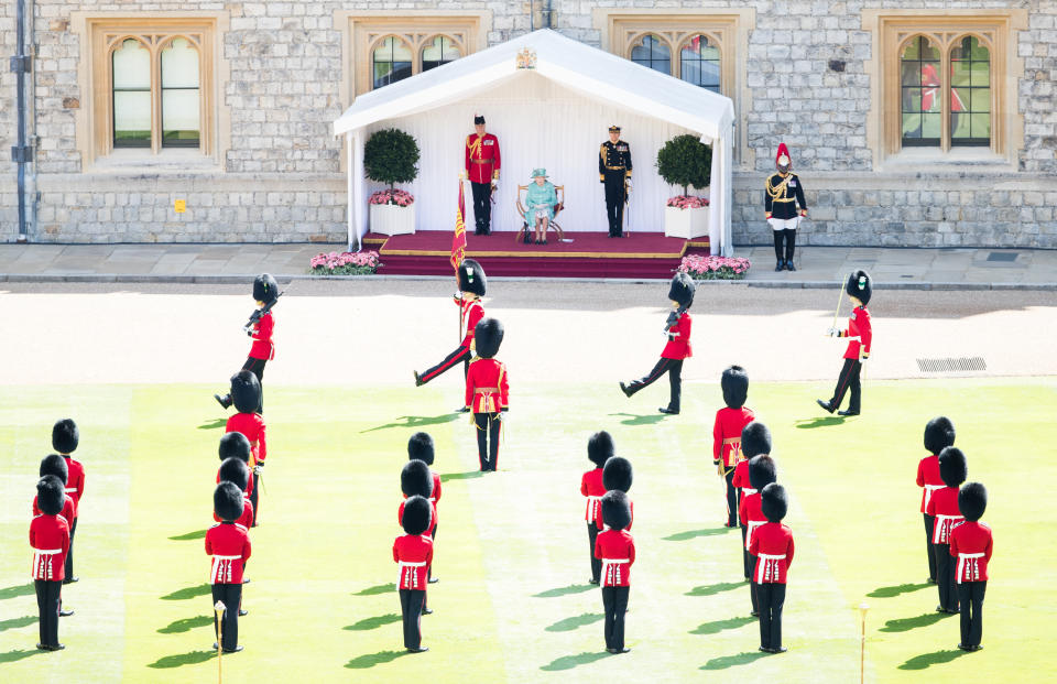 WINDSOR, ENGLAND - JUNE 13: Queen Elizabeth II attends Trooping The Colour, the Queen's birthday ceremony at Windsor Castle on June 13, 2020 in Windsor, England. In line with Government advice, it was agreed that The Queen's Birthday Parade, also known as Trooping the Colour, would not go ahead in its traditional form. (Photo by Pool/Samir Hussein/WireImage)