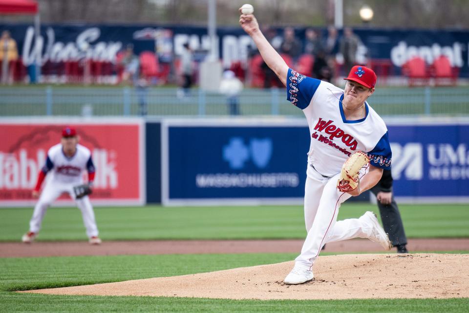 WooSox Richard Fitts pitches versus the Lehigh Valley IronPigs.