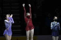 First place, Mariah Bell celebrates with second place, Karen Chen left, and third place, Isabeau Levito during the medal ceremony for the women's free skate program during the U.S. Figure Skating Championships Friday, Jan. 7, 2022, in Nashville, Tenn. (AP Photo/Mark Zaleski)