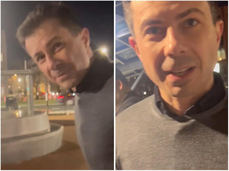 Pete Buttigieg asked a Daily Caller reporter for a photo after he was questioned about the Ohio train derailment (Screenshots / Twitter / Jennie Taer)