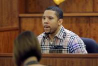 Prosecution witness Alexander Bradley is questioned by the prosecution without the jury present at the trial of former New England Patriots football player Aaron Hernandez at Bristol County Superior Court in Fall River, Massachusetts April 1, 2015. Hernandez, 25, had a $41 million contract with the National Football League team but was dropped hours after his arrest in June, 2013 on murder and firearms charges in the death of Lloyd, who had been dating his fiancée's sister. Hernandez, who has pleaded not guilty, faces life in prison if convicted. REUTERS/Brian Snyder