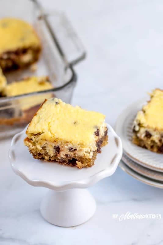 <p>My Montana Kitchen</p><p>Have fun sharing these low-carb decadent Chocolate Chip Cookie Cheesecake Bars filled with sugar-free cheesecake with a cookie crust!</p><p><a href="https://mymontanakitchen.com/chocolate-chip-cookie-cheesecake-bars/" rel="nofollow noopener" target="_blank" data-ylk="slk:Get the recipe!;elm:context_link;itc:0;sec:content-canvas" class="link rapid-noclick-resp">Get the recipe!</a></p>